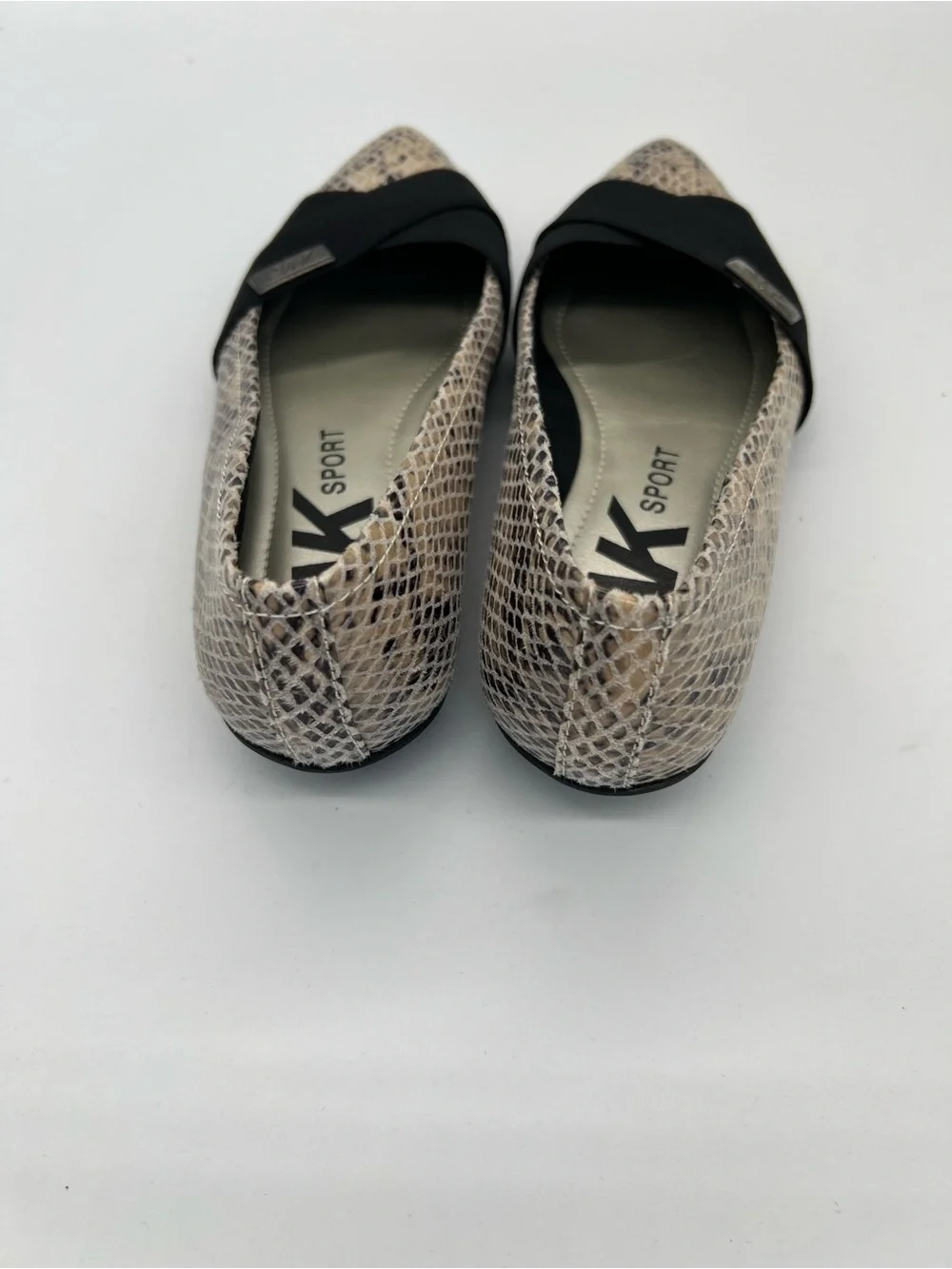 Ann Klein Women's Snake-Print Pointed Toe Flats in Beige and Black